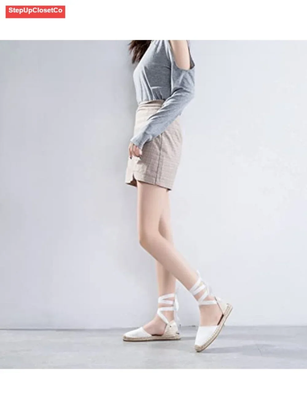 Espadrille Flat Sandals Closed Toe Ankle Wrap Lace Up Canvas